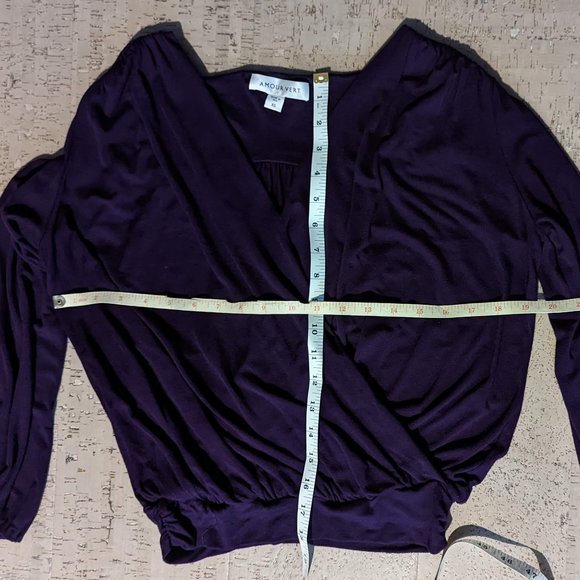Amour Vert Tops - Amour Vert, XS, Modal Dark Purple, Long Sleeve Faux Wrap Top, Gathered Detail